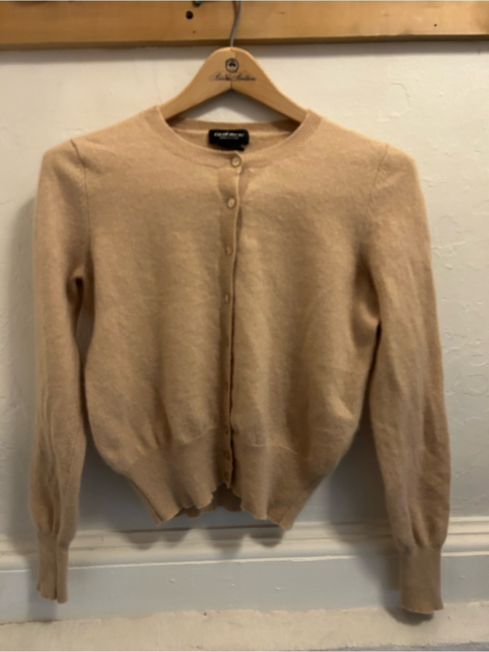 Lord & Taylor Beige Button-Front Crewneck Cashmere Cardigan